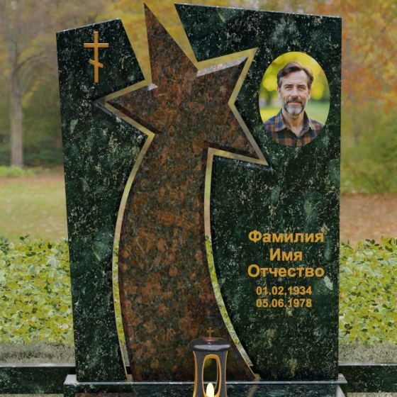 Православный вертикальный памятник на одного в Салехарде, гранит Балтик грин