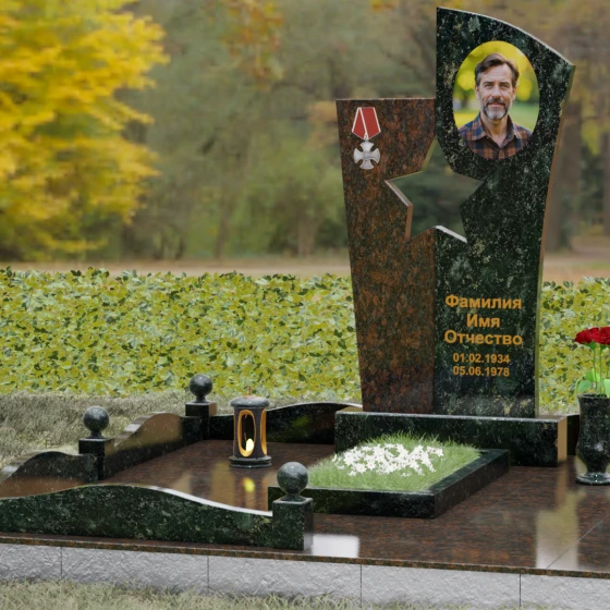 Вертикальный комбинированный памятник для одного в Ставрополе, гранит Балтик грин, вид 4