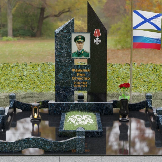 Комбинированный памятник с орденом Мужества, гранит Блю Перл, вид 2