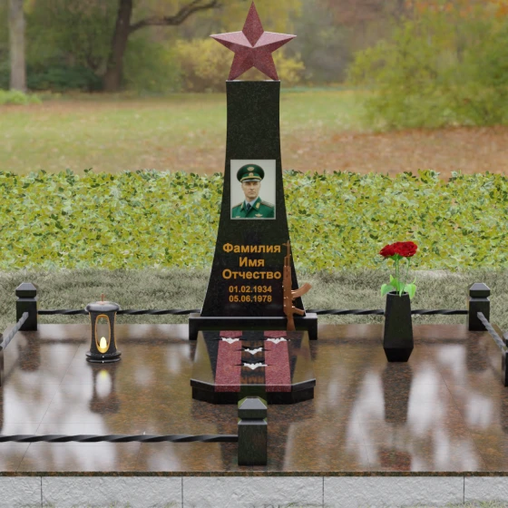 Гранитный мемориал со звездой и автоматом Калашникова, гранит Габбро-диабаз, вид 2