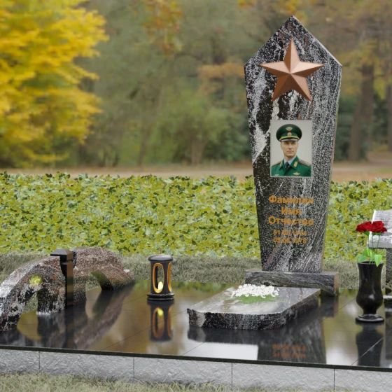 Вертикальный Гранитный памятник на одного в Салехарде, гранит амфиболит, вид 4