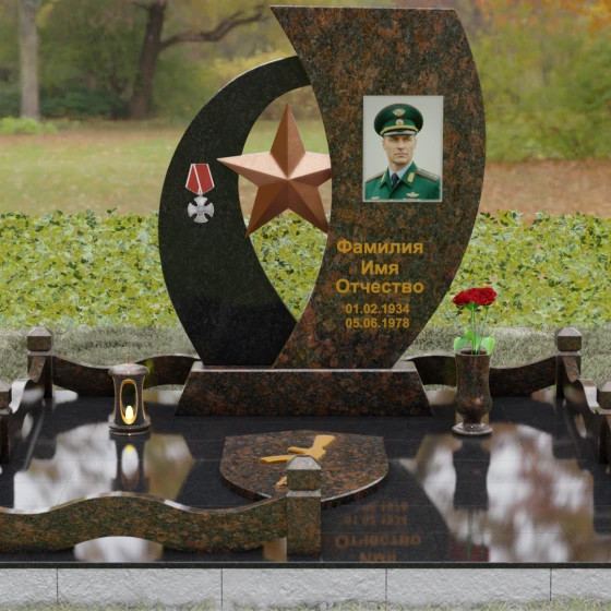 Вертикальный комбинированный памятник в Альметьевске, гранит Дымовский, вид 2