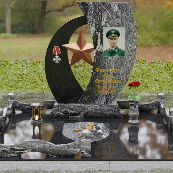 Вертикальный комбинированный памятник в Альметьевске, гранит амфиболит, вид 2