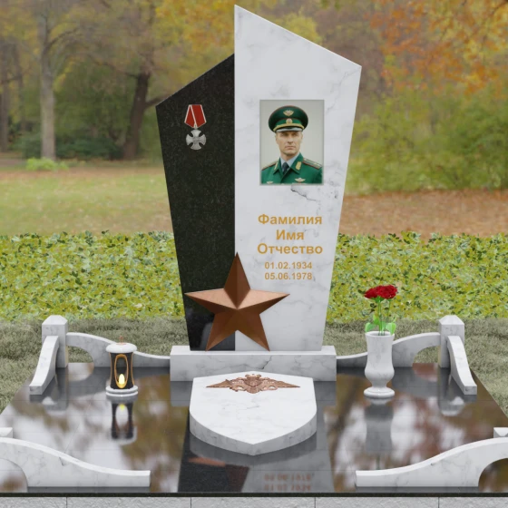Комбинированный памятник с объемной звездой, мрамор Тассос, вид 2