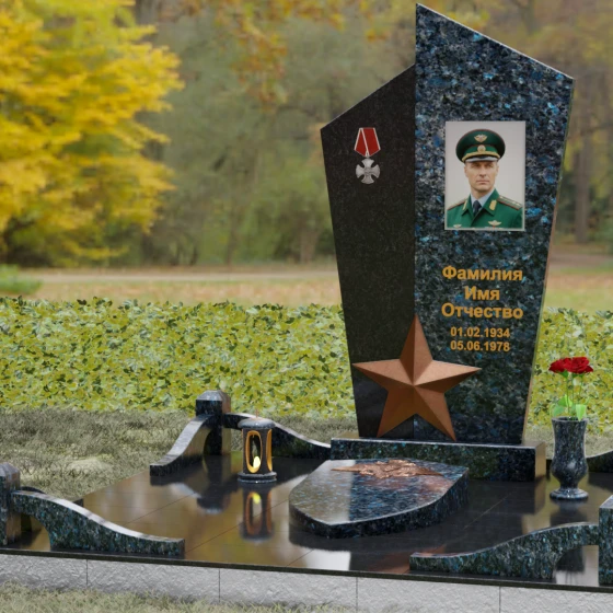 Комбинированный памятник с объемной звездой, гранит Блю Перл, вид 4