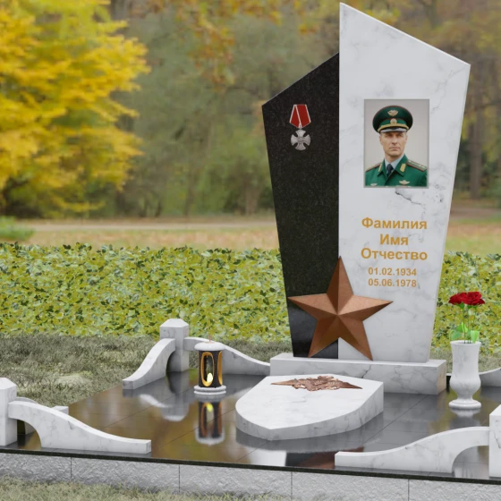 Комбинированный памятник с объемной звездой, мрамор Тассос, вид 4