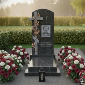 Гранитный вертикальный памятник с православным крестом - ПН086