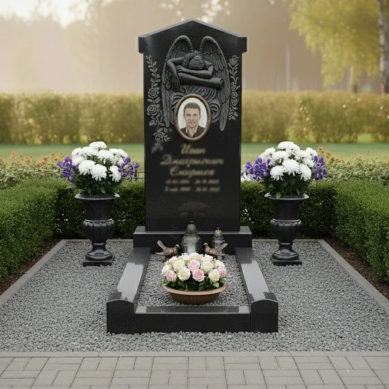 Гранитный памятник с крыльями ангела, гранит Габбро-диабаз, в Якутске