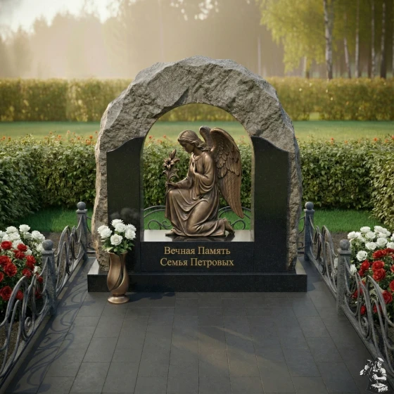Мемориальная композиция с аркой и бронзовым ангелом, гранит Габбро-диабаз