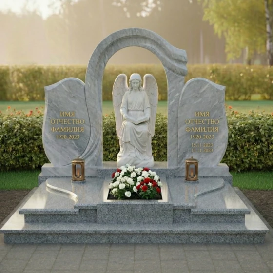 Мемориал с мраморным ангелом и аркой из гранита, гранит Мансуровский, в Якутске