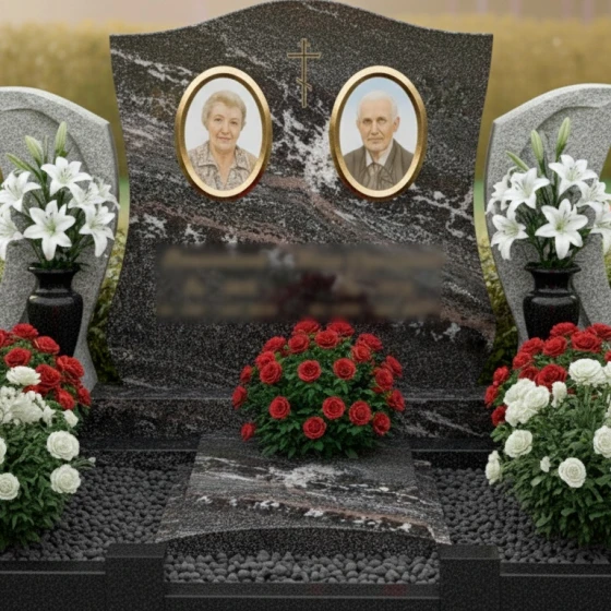 Элитный вертикальный памятник с крестом в Тюмени, гранит амфиболит