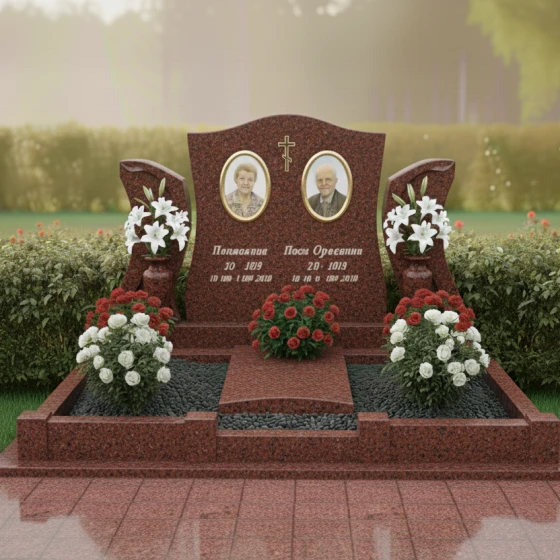 Элитный вертикальный памятник с крестом в Тюмени, гранит Лезниковский