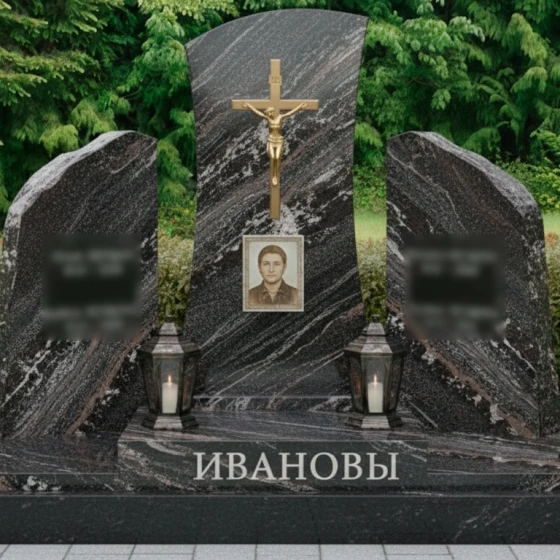 Гранитный вертикальный православный мемориал для двоих в Перми, гранит амфиболит