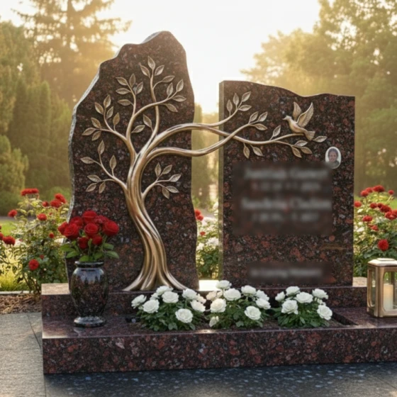 Гранитный памятник с бронзовым древом и голубем, гранит Лезниковский, в Москве