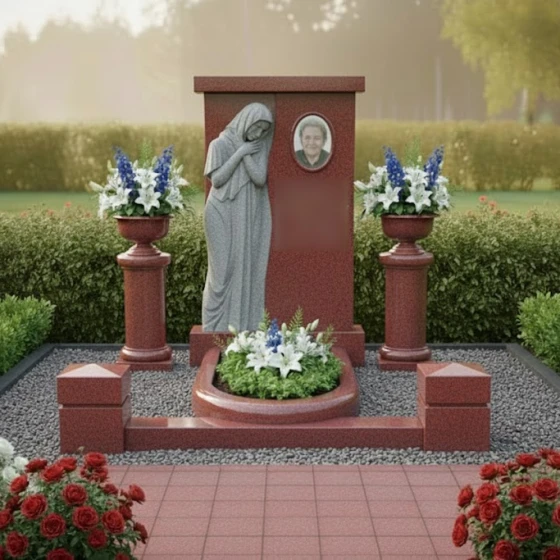 Элитный гранитный памятник со скорбящей фигурой, гранит Лезниковский