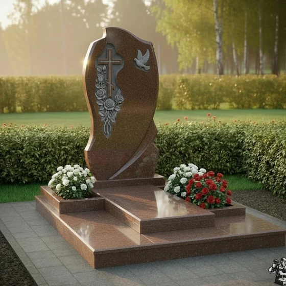 Гранитный монумент «Пламя» с крестом и голубем, гранит Дымовский