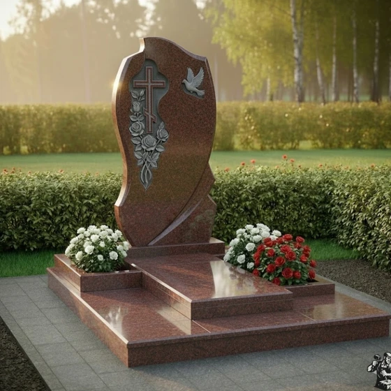 Гранитный монумент «Пламя» с крестом и голубем, гранит Лезниковский
