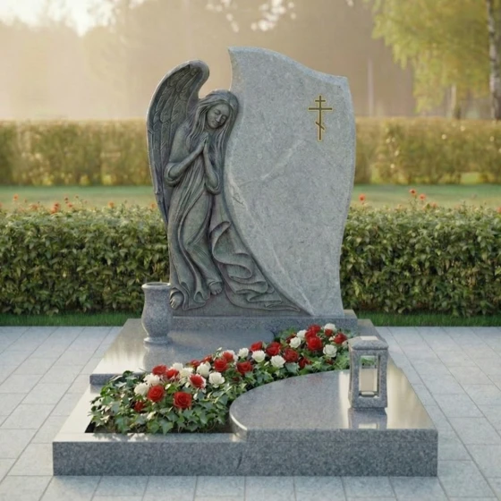 Гранитный памятник со скорбящим ангелом, гранит Мансуровский