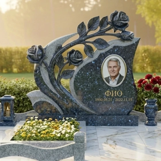 Гранитная стела в форме розы с резьбой, гранит Блю Перл
