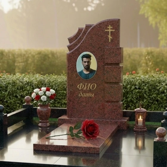 Православный гранитный мемориал с крестом в Воронеже, гранит Лезниковский