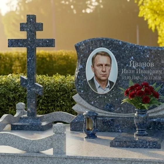 Элитный православный памятник с крестом в Ижевске, гранит Блю Перл
