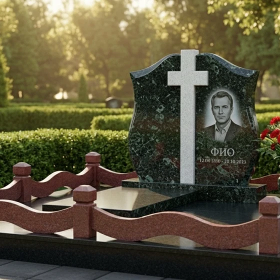 Вертикальный гранитный памятник с крестом для мемориального комплекса в Тюмени, гранит Балтик грин