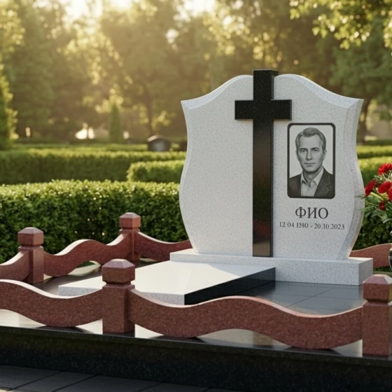 Вертикальный гранитный памятник с крестом для мемориального комплекса в Тюмени, гранит Мансуровский