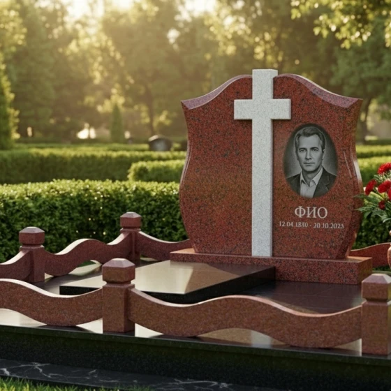 Вертикальный гранитный памятник с крестом для мемориального комплекса в Тюмени, гранит Лезниковский