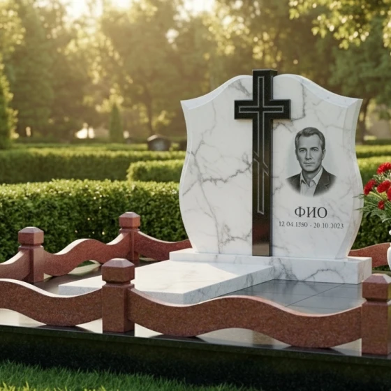 Вертикальный гранитный памятник с крестом для мемориального комплекса в Тюмени, мрамор Тассос