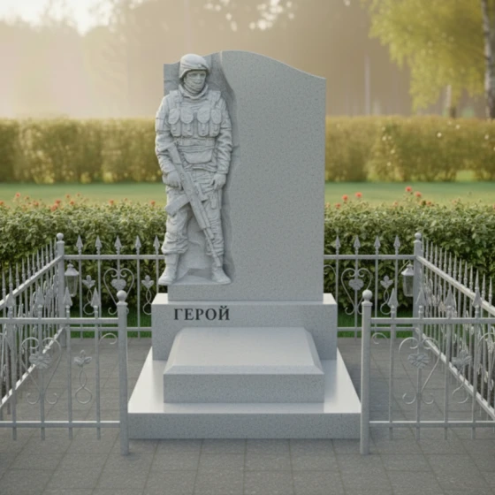 Памятник с барельефом воина и волной из гранита, гранит Мансуровский, в Якутске