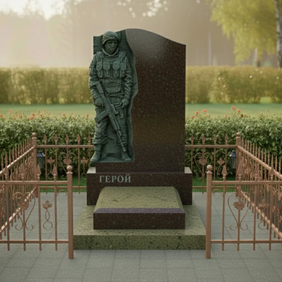 Памятник с барельефом воина и волной из гранита, гранит Дымовский, в Якутске