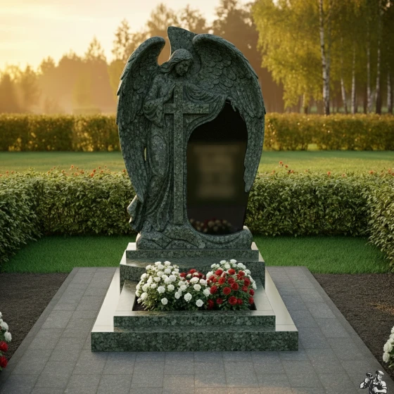 Мемориальная композиция с ангелом и крестом, гранит Балтик грин