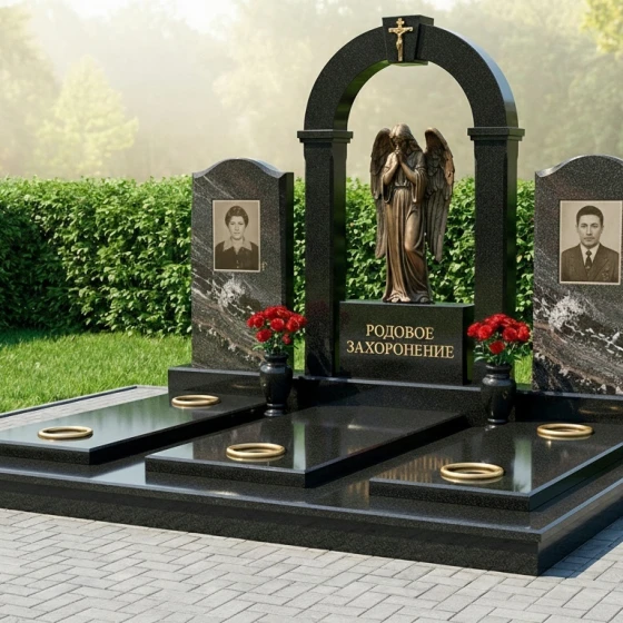 Элитный вертикальный семейный памятник в Ижевске, гранит амфиболит
