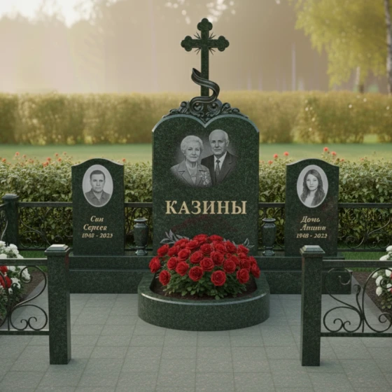 Гранитный мемориал "Семейное единство" с крестом и сердцем, гранит Балтик грин