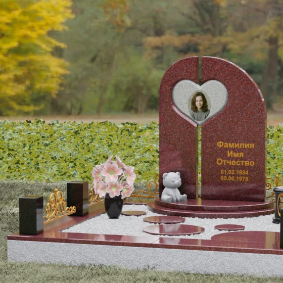 Гранитный памятник с вырезом — сердцем и асимметрией, гранит Лезниковский, в Москве