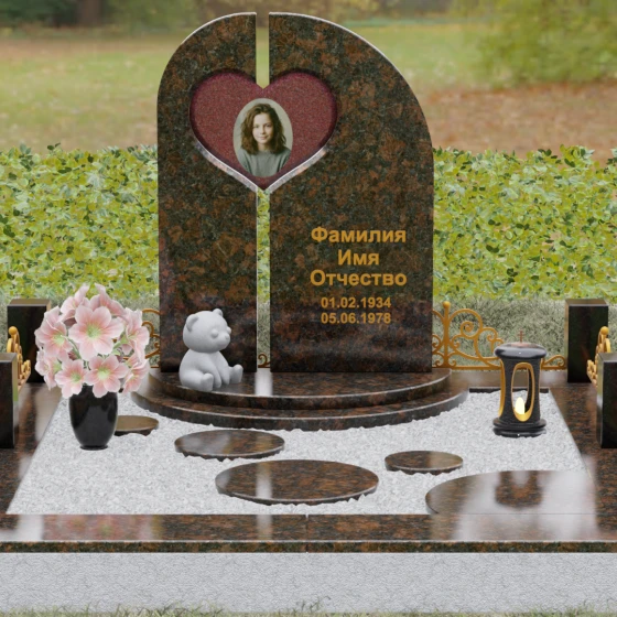 Гранитный памятник с вырезом — сердцем и асимметрией, гранит Дымовский, вид 2, в Москве