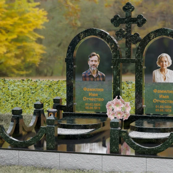Комбинированный памятник с крестом и арками, гранит Балтик грин, вид 4, в Якутске