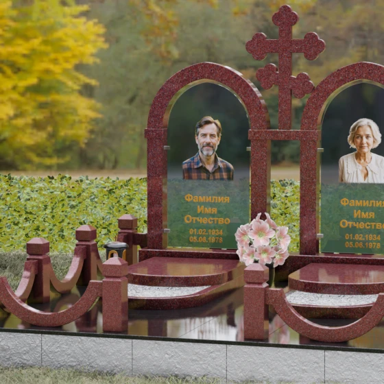 Комбинированный памятник с крестом и арками, гранит Лезниковский, вид 4, в Якутске