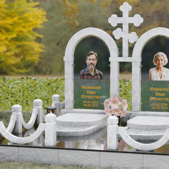 Комбинированный памятник с крестом и арками, мрамор Тассос, вид 4, в Якутске
