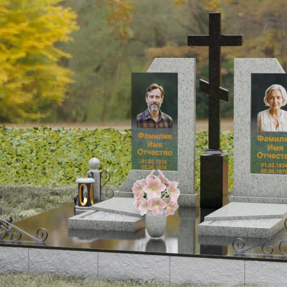 Православный памятник со стеклом для двоих в Барнауле, гранит Мансуровский, вид 4