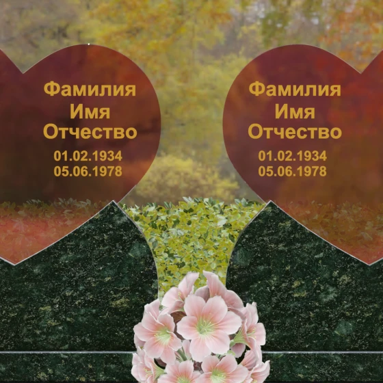 Горизонтальный памятник из гранита и стекла для двоих в Новокузнецке, гранит Балтик грин