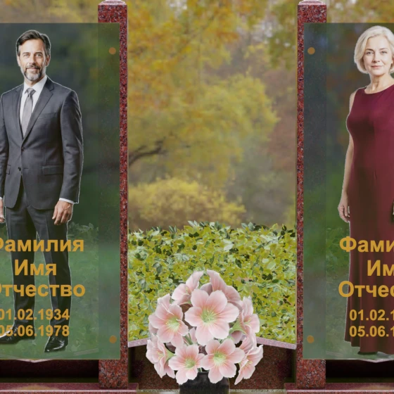 Вертикальный памятник из гранита со стеклянными панелями, гранит Лезниковский, в Санкт-Петербурге