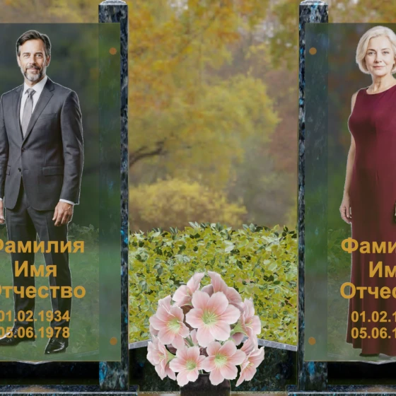 Вертикальный памятник из гранита со стеклянными панелями, гранит Блю Перл, в Санкт-Петербурге