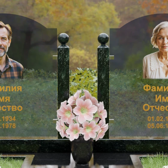 Горизонтальный памятник с арками и стеклом, гранит Балтик грин, в Якутске