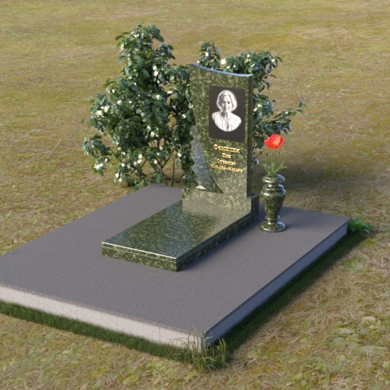 Мемориал с асимметричным срезом и резной деталью, гранит Балтик грин