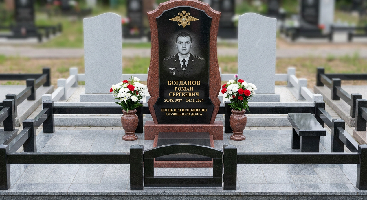 Пример дизайна: Памятник полицейскому, погибшему при исполнении, из красного гранита